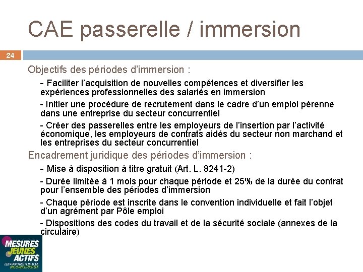 CAE passerelle / immersion 24 Objectifs des périodes d’immersion : - Faciliter l’acquisition de