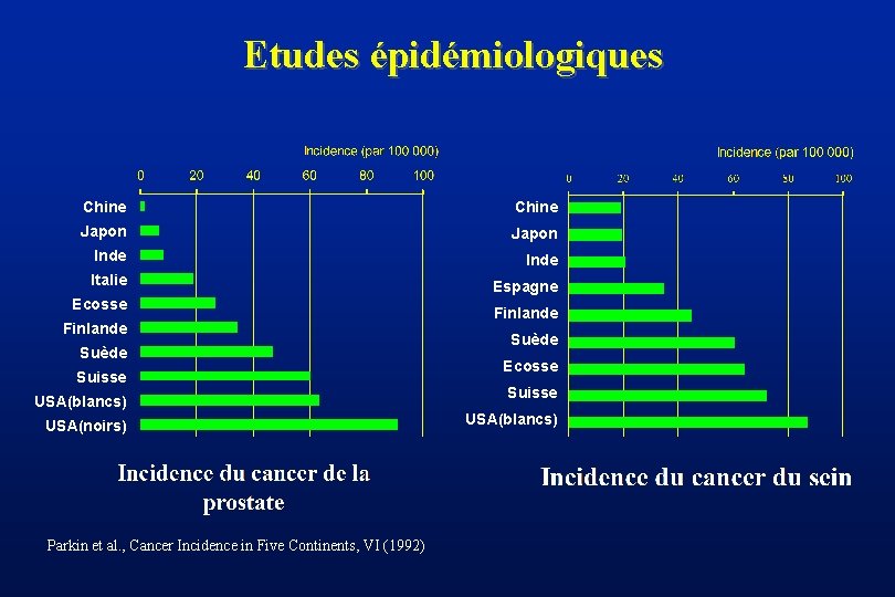 Etudes épidémiologiques Chine Japon Inde Italie Espagne Ecosse Finlande Suède Suisse USA(blancs) USA(noirs) Parkin