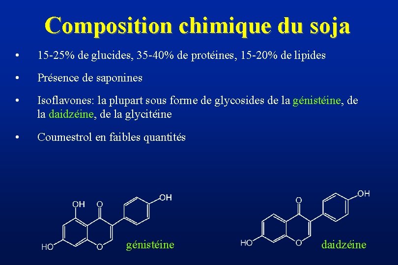 Composition chimique du soja • 15 -25% de glucides, 35 -40% de protéines, 15