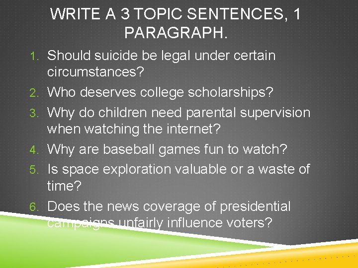 WRITE A 3 TOPIC SENTENCES, 1 PARAGRAPH. 1. Should suicide be legal under certain