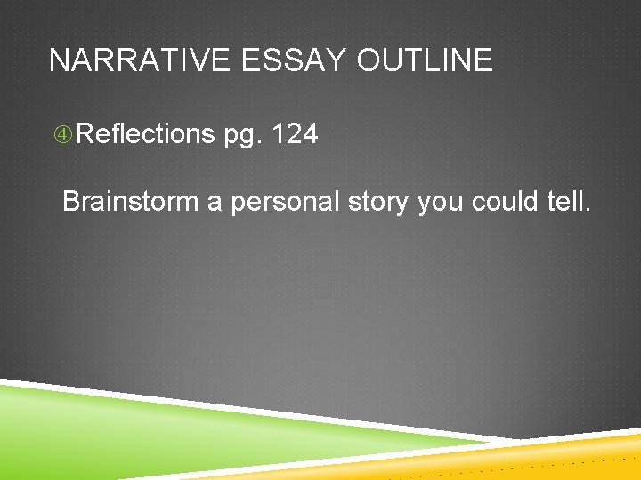 NARRATIVE ESSAY OUTLINE Reflections pg. 124 Brainstorm a personal story you could tell. 
