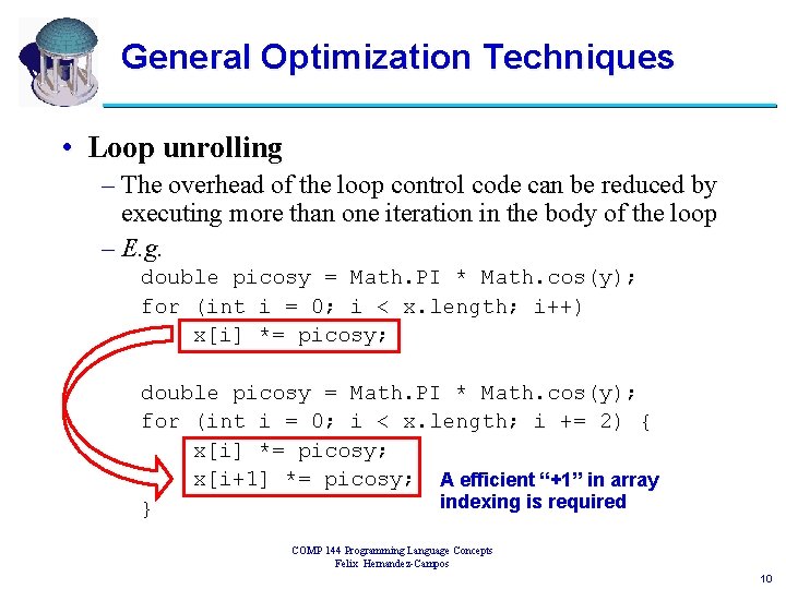 General Optimization Techniques • Loop unrolling – The overhead of the loop control code