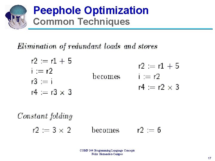 Peephole Optimization Common Techniques COMP 144 Programming Language Concepts Felix Hernandez-Campos 17 