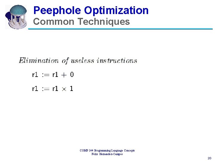 Peephole Optimization Common Techniques COMP 144 Programming Language Concepts Felix Hernandez-Campos 20 