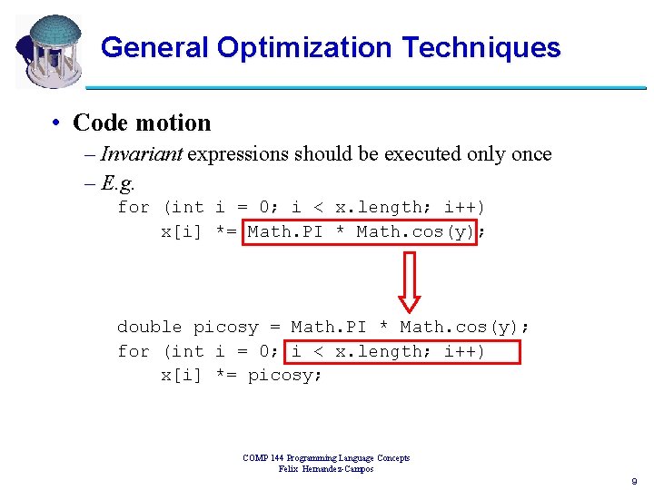 General Optimization Techniques • Code motion – Invariant expressions should be executed only once