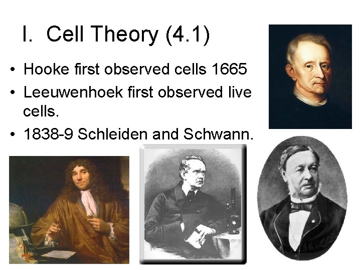 I. Cell Theory (4. 1) • Hooke first observed cells 1665 • Leeuwenhoek first I. Cell Theory (4. 1) • Hooke first observed cells 1665 • Leeuwenhoek first