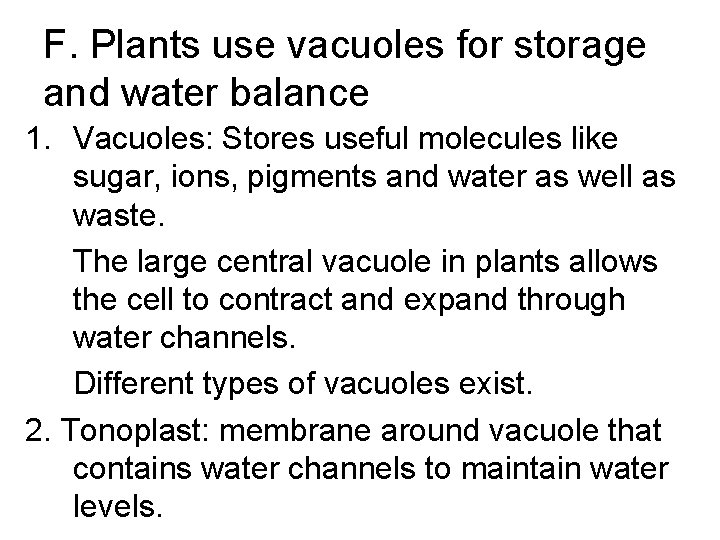 F. Plants use vacuoles for storage and water balance 1. Vacuoles: Stores useful molecules F. Plants use vacuoles for storage and water balance 1. Vacuoles: Stores useful molecules
