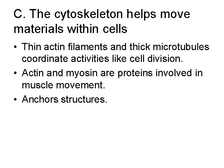 C. The cytoskeleton helps move materials within cells • Thin actin filaments and thick C. The cytoskeleton helps move materials within cells • Thin actin filaments and thick