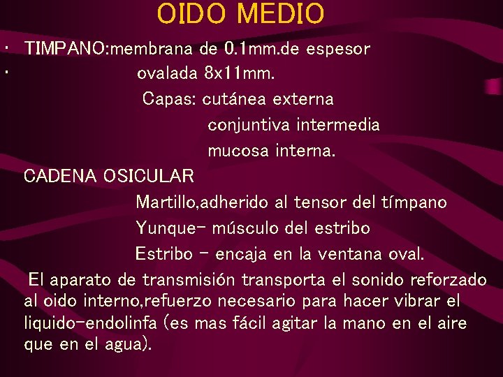 OIDO MEDIO • TIMPANO: membrana de 0. 1 mm. de espesor • ovalada 8 OIDO MEDIO • TIMPANO: membrana de 0. 1 mm. de espesor • ovalada 8