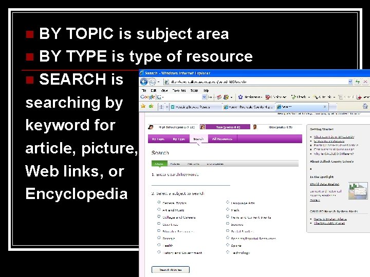 BY TOPIC is subject area n BY TYPE is type of resource n SEARCH