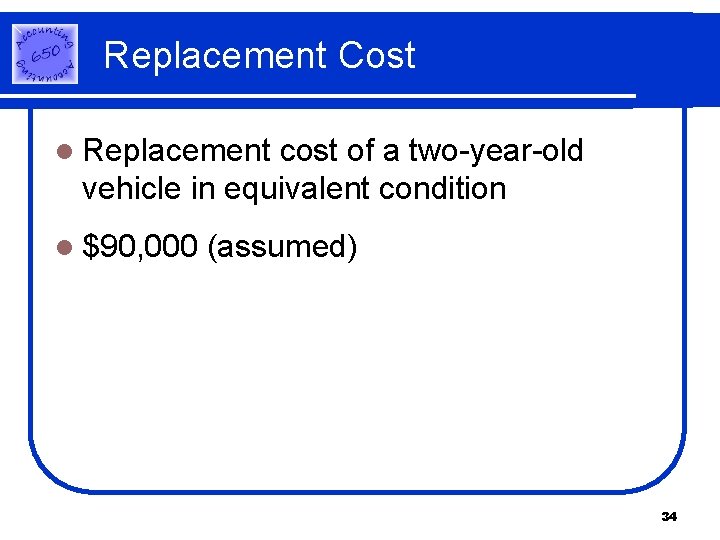 Replacement Cost l Replacement cost of a two-year-old vehicle in equivalent condition l $90, Replacement Cost l Replacement cost of a two-year-old vehicle in equivalent condition l $90,