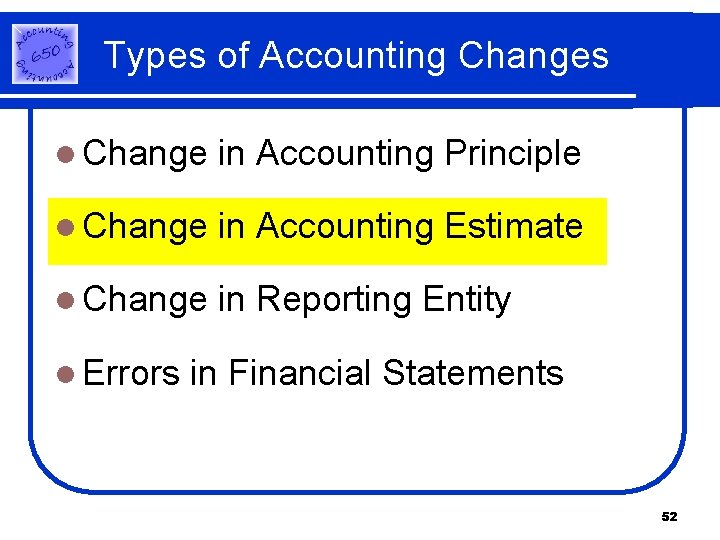 Types of Accounting Changes l Change in Accounting Principle l Change in Accounting Estimate Types of Accounting Changes l Change in Accounting Principle l Change in Accounting Estimate