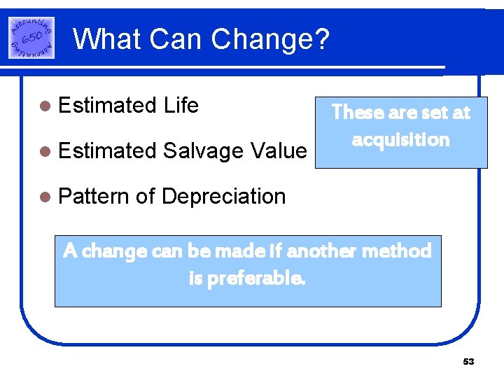 What Can Change? l Estimated Life l Estimated Salvage Value l Pattern These are What Can Change? l Estimated Life l Estimated Salvage Value l Pattern These are
