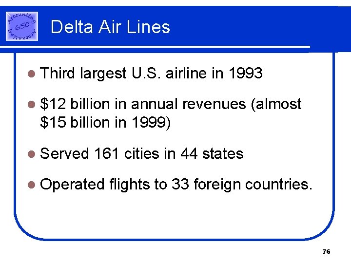 Delta Air Lines l Third largest U. S. airline in 1993 l $12 billion Delta Air Lines l Third largest U. S. airline in 1993 l $12 billion