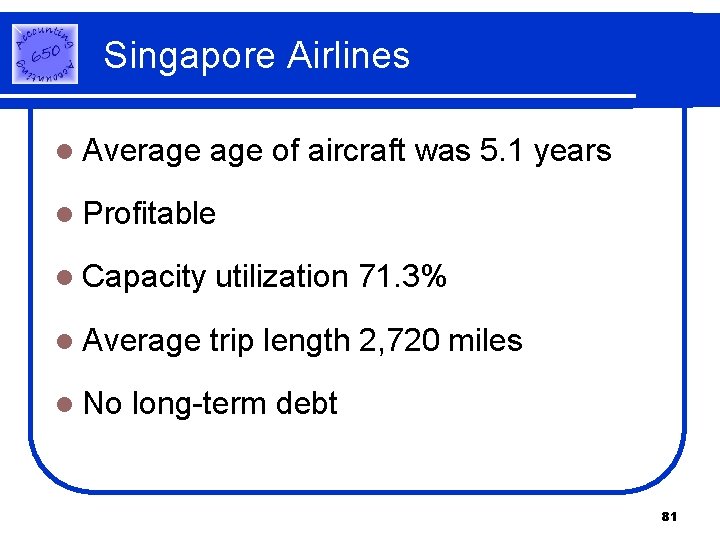 Singapore Airlines l Average of aircraft was 5. 1 years l Profitable l Capacity Singapore Airlines l Average of aircraft was 5. 1 years l Profitable l Capacity