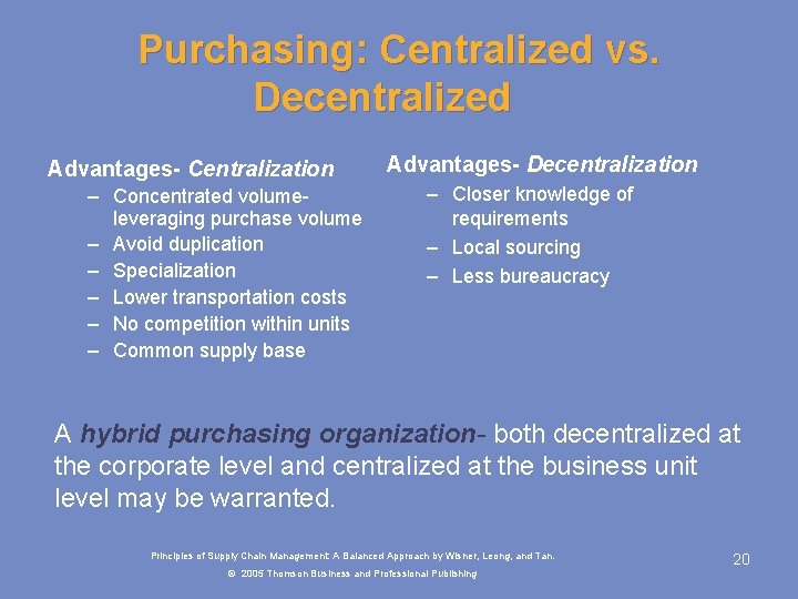 Purchasing: Centralized vs. Decentralized Advantages- Centralization – Concentrated volume- leveraging purchase volume – Avoid Purchasing: Centralized vs. Decentralized Advantages- Centralization – Concentrated volume- leveraging purchase volume – Avoid
