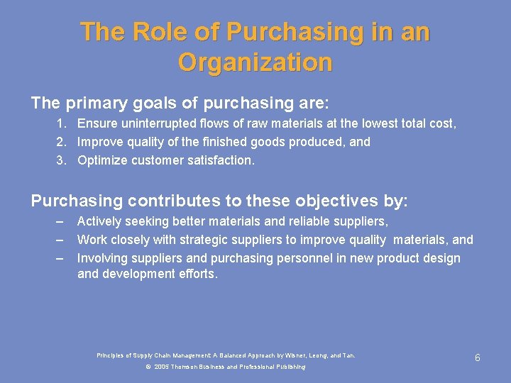 The Role of Purchasing in an Organization The primary goals of purchasing are: 1. The Role of Purchasing in an Organization The primary goals of purchasing are: 1.