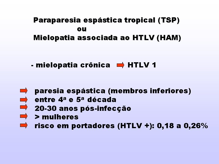 Paraparesia espástica tropical (TSP) ou Mielopatia associada ao HTLV (HAM) - mielopatia crônica HTLV