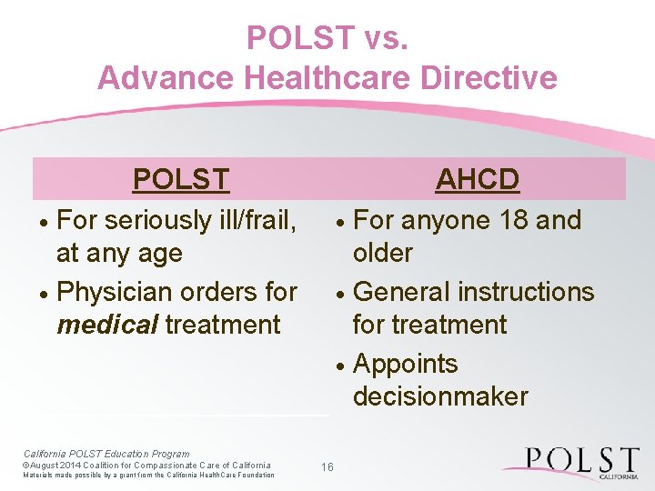 POLST vs. Advance Healthcare Directive POLST AHCD For seriously ill/frail, at any age ·