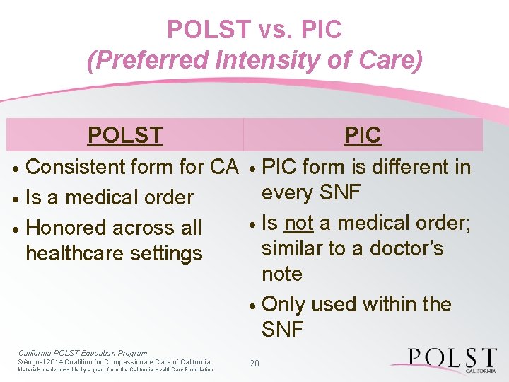 POLST vs. PIC (Preferred Intensity of Care) POLST Consistent form for CA · Is