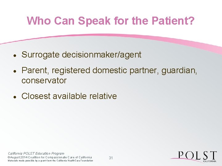 Who Can Speak for the Patient? · Surrogate decisionmaker/agent · Parent, registered domestic partner,