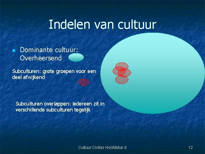 Indelen van cultuur n Dominante cultuur: Overheersend Subculturen: grote groepen voor een deel afwijkend
