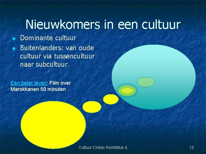 Nieuwkomers in een cultuur n n Dominante cultuur Buitenlanders: van oude cultuur via tussencultuur