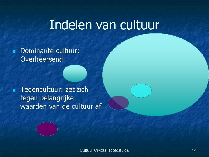 Indelen van cultuur n n Dominante cultuur: Overheersend Tegencultuur: zet zich tegen belangrijke waarden