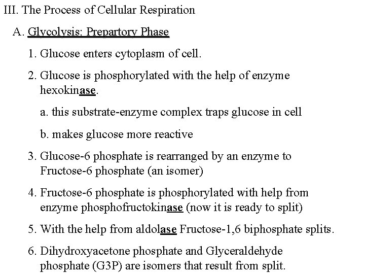 III. The Process of Cellular Respiration A. Glycolysis: Prepartory Phase 1. Glucose enters cytoplasm