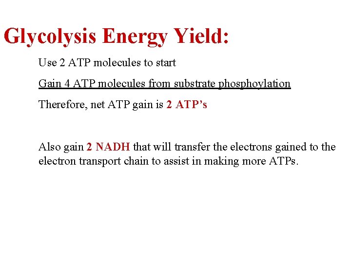 Glycolysis Energy Yield: Use 2 ATP molecules to start Gain 4 ATP molecules from