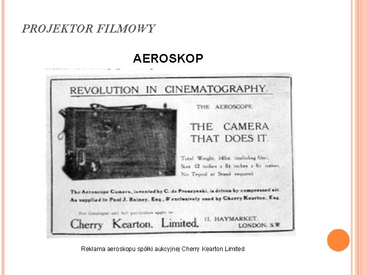 PROJEKTOR FILMOWY AEROSKOP Reklama aeroskopu spółki aukcyjnej Cherry Kearton Limited 