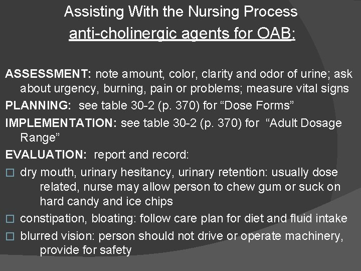 Assisting With the Nursing Process anti-cholinergic agents for OAB: ASSESSMENT: note amount, color, clarity