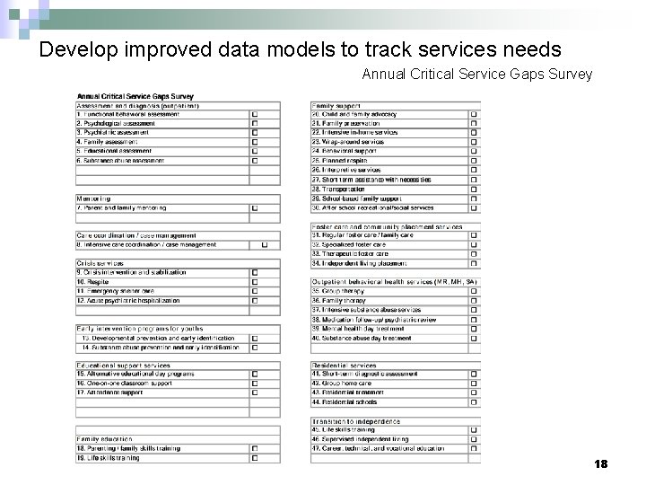 Develop improved data models to track services needs Annual Critical Service Gaps Survey 18