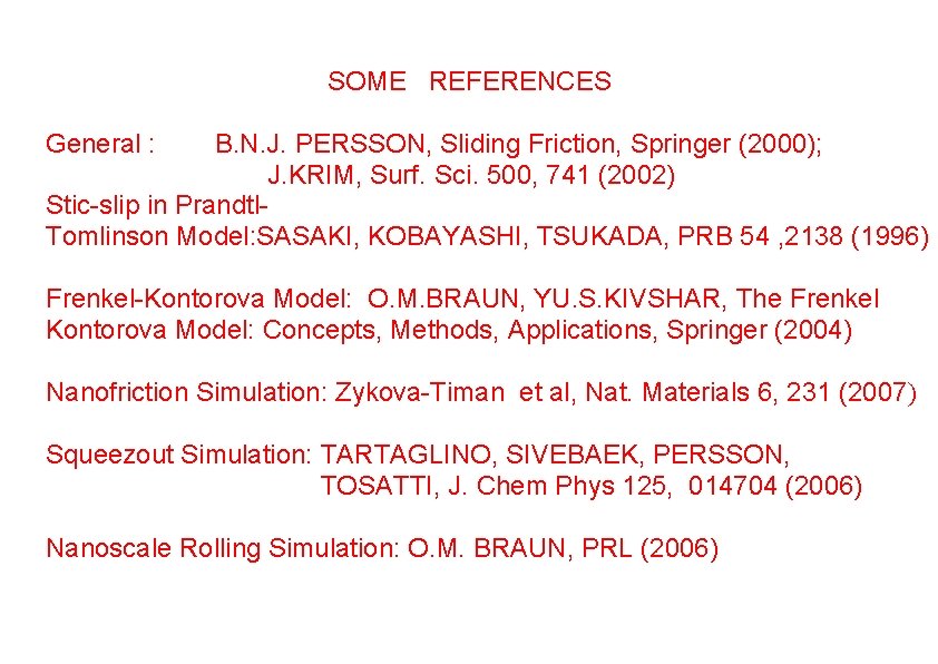 SOME REFERENCES General : B. N. J. PERSSON, Sliding Friction, Springer (2000); J. KRIM, SOME REFERENCES General : B. N. J. PERSSON, Sliding Friction, Springer (2000); J. KRIM,