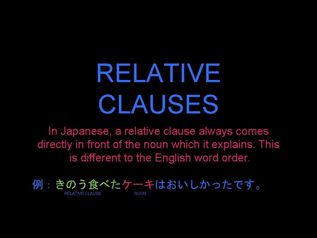 RELATIVE CLAUSES In Japanese, a relative clause always comes directly in front of the