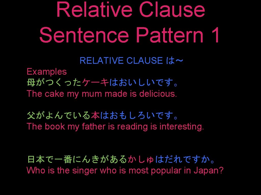 Relative Clause Sentence Pattern 1 RELATIVE CLAUSE は〜 Examples 母がつくったケーキはおいしいです。 The cake my mum