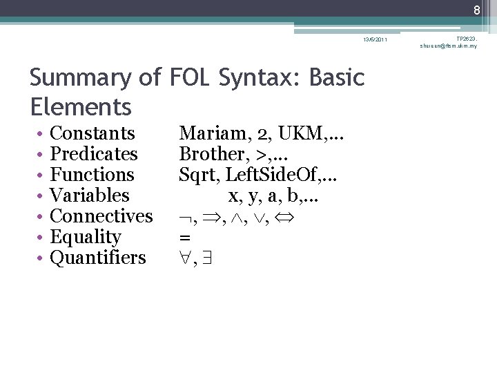 8 13/5/2011 Summary of FOL Syntax: Basic Elements • • Constants Predicates Functions Variables 8 13/5/2011 Summary of FOL Syntax: Basic Elements • • Constants Predicates Functions Variables