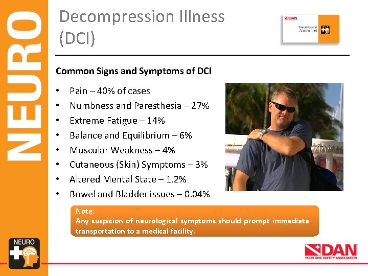 Decompression Illness (DCI) Common Signs and Symptoms of DCI • • Pain – 40%