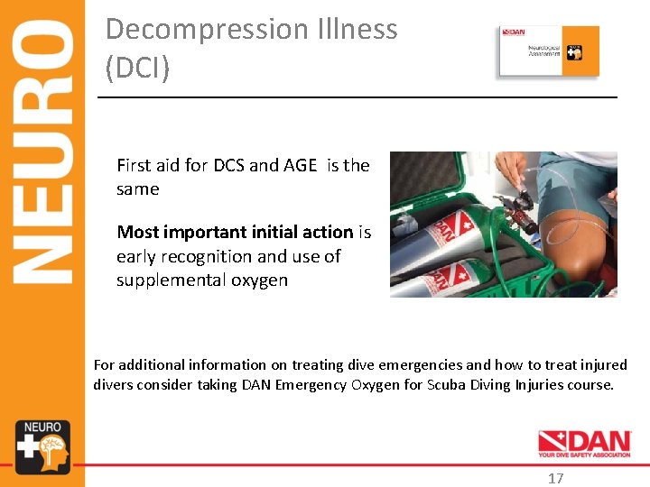 Decompression Illness (DCI) First aid for DCS and AGE is the same Most important