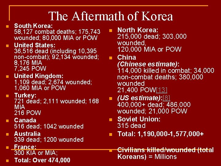 The Aftermath of Korea n n n n South Korea: 58, 127 combat deaths;