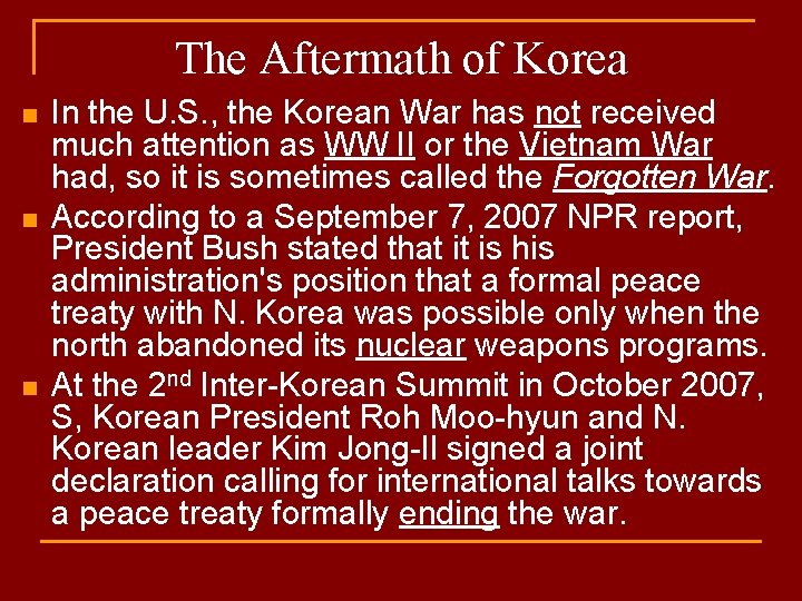 The Aftermath of Korea n n n In the U. S. , the Korean