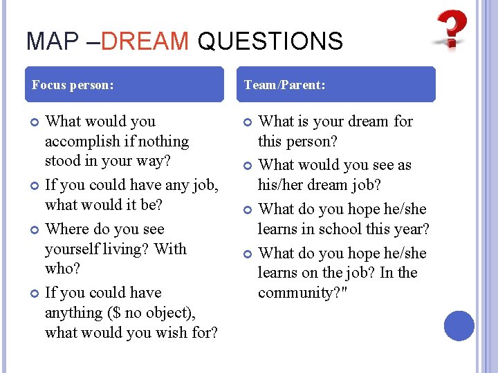 MAP –DREAM QUESTIONS Focus person: Team/Parent: What would you accomplish if nothing stood in