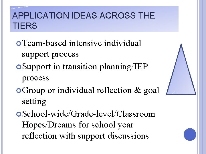 APPLICATION IDEAS ACROSS THE TIERS Team-based intensive individual support process Support in transition planning/IEP