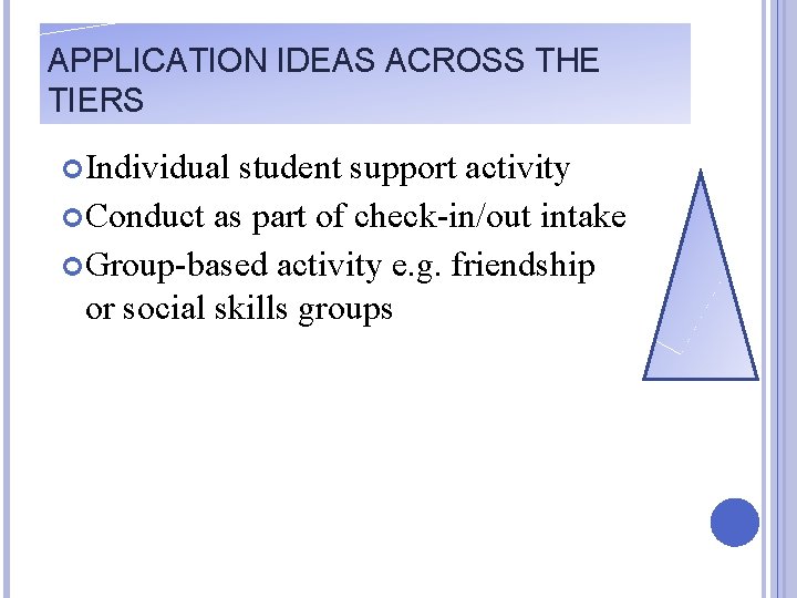 APPLICATION IDEAS ACROSS THE TIERS Individual student support activity Conduct as part of check-in/out