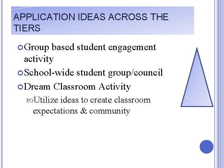 APPLICATION IDEAS ACROSS THE TIERS Group based student engagement activity School-wide student group/council Dream