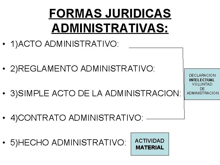 FORMAS JURIDICAS ADMINISTRATIVAS: • 1)ACTO ADMINISTRATIVO: • 2)REGLAMENTO ADMINISTRATIVO: • 3)SIMPLE ACTO DE LA