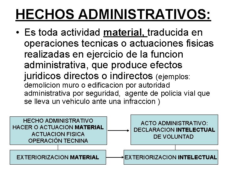 HECHOS ADMINISTRATIVOS: • Es toda actividad material, traducida en operaciones tecnicas o actuaciones fisicas