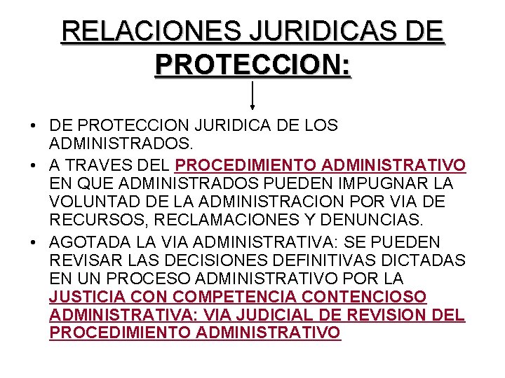 RELACIONES JURIDICAS DE PROTECCION: • DE PROTECCION JURIDICA DE LOS ADMINISTRADOS. • A TRAVES