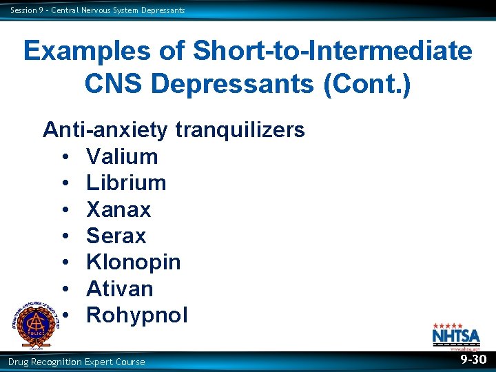 Session 9 – Central Nervous System Depressants Examples of Short-to-Intermediate CNS Depressants (Cont. )