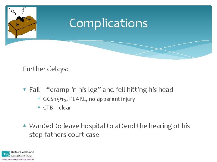 Complications Further delays: Fall – “cramp in his leg” and fell hitting his head